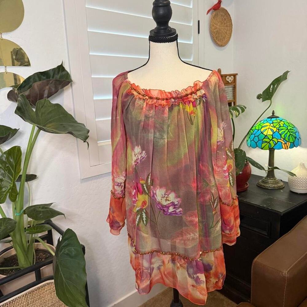 Y2K Fairy Floral Chiffon Beaded Sequin Bell Sleeve Tunic Dress Size M